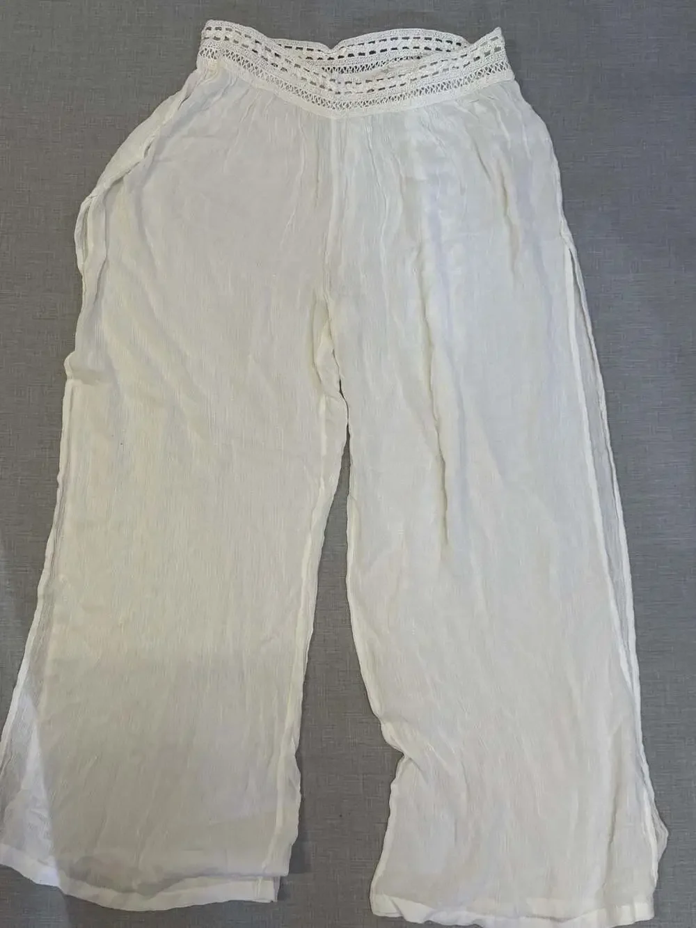 Beaches & Boho White Crochet Waistband High Slit Wide Leg Beach Pants Size Large